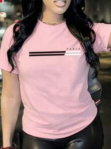 Casual Crew Neck T-Shirt - 100% Cotton - Paris Flag Print - Streetwear Style | Perfect Gift | Machine Washable | Comfortable In All Seasons | - 粉色 - 查看 1