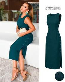 Classic Long Black Dress With A Round Neck, Pockets, And An Elegant Slit Design. - 石油綠 - 查看 1