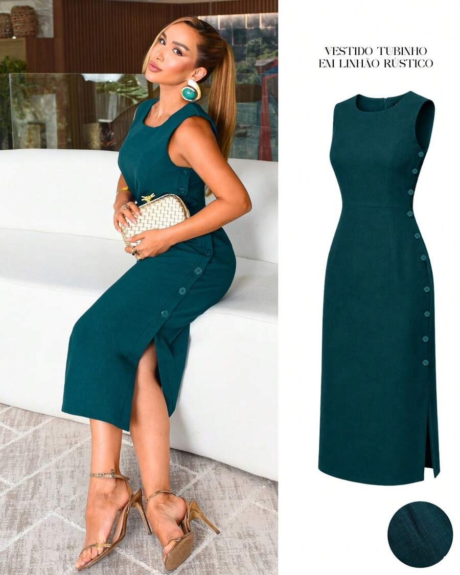 Classic Long Black Dress With A Round Neck, Pockets, And An Elegant Slit Design. - 石油綠 - 查看 1