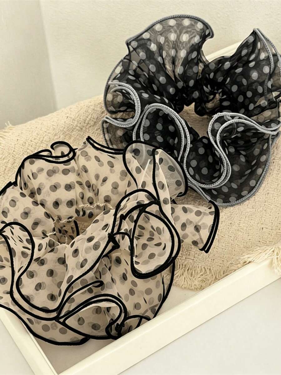 1pc French Casual Mesh Polka Dot Scrunchie, 4-Layer Rolled Edge Elegant Hair Tie, Hair Accessories Ponytail Elastics Rubber Bands - Multicolor - View 1