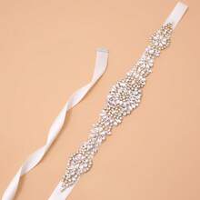 1pc Handmade Rhinestone Bridal Belt Women's Rhinestone Wedding Dress Accessory - Gold Applique + Ivory Ribbons - View 3