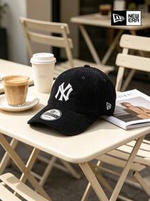 New Era 黑色燈芯絨 NY Logo 棒球帽，復古街頭風老爹帽，休閒中性日常頭飾 - 黑色 - 查看 4