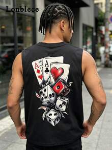 Lonblece Camiseta sin mangas de verano para hombres, con estampado de cartas de póker y dados, top de tirantes casual y musculoso, adecuado para estilo callejero y fiestas, camiseta deportiva negra - Negro - Ver 1