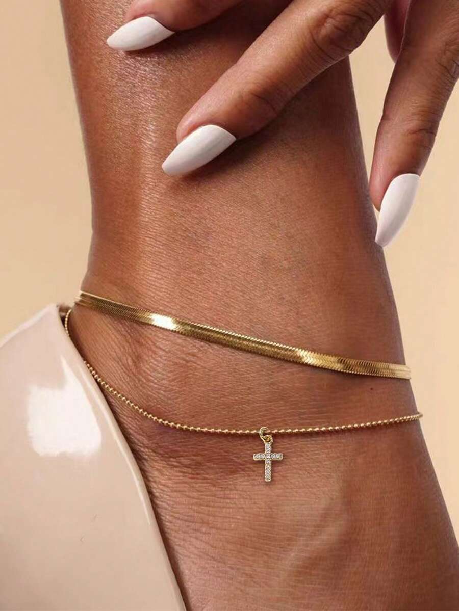 Tkool Women's Niche Design Double Layer Thin Chain Cross Anklet - Yellow Gold - View 1
