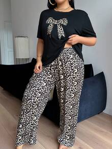Plus Size Casual Comfortable Bow Print Short Sleeve Leopard Print Long Pants Women's Loungewear 2 Pieces Pajama Set - Black - View 1