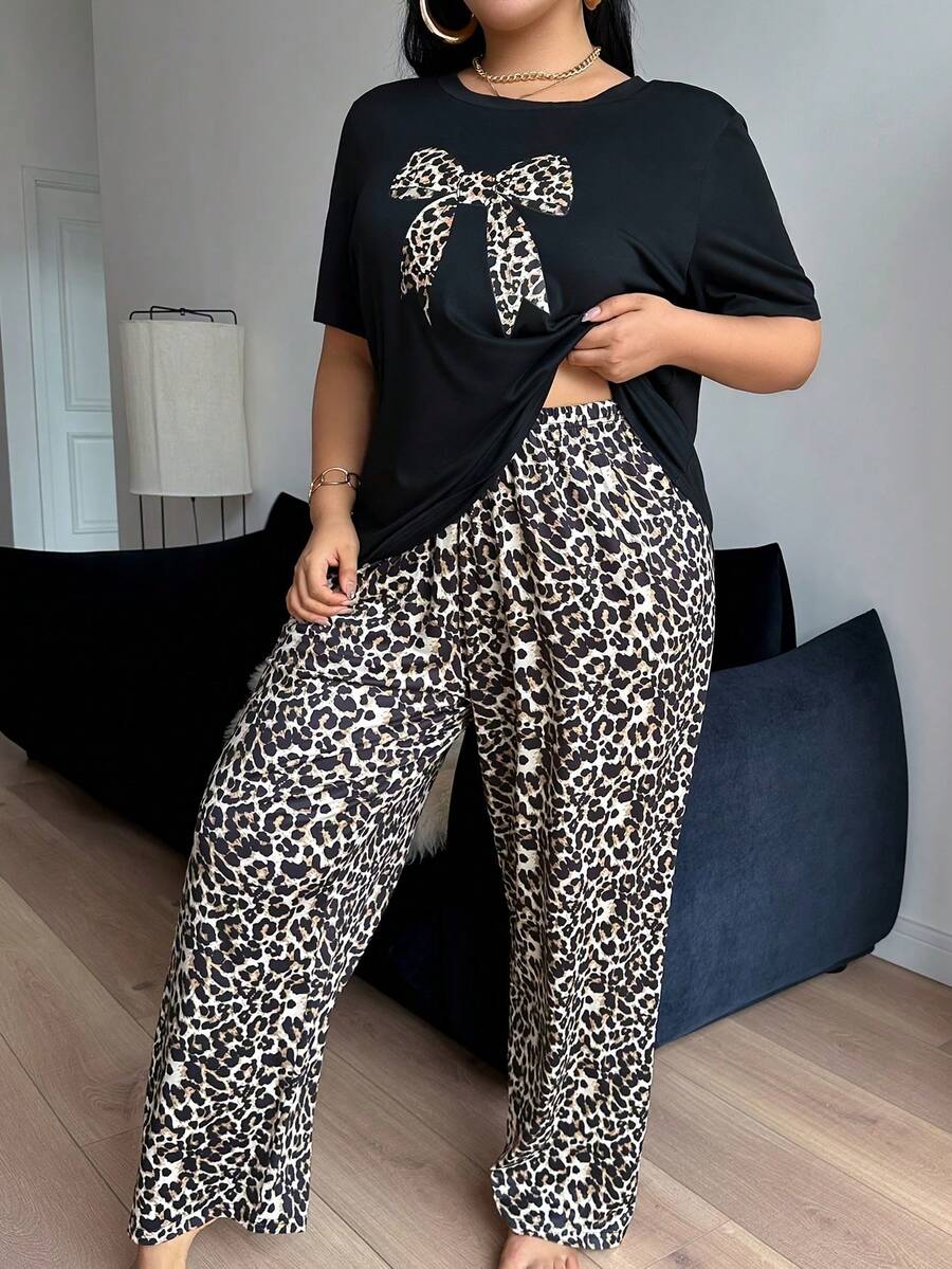 Plus Size Casual Comfortable Bow Print Short Sleeve Leopard Print Long Pants Women's Loungewear 2 Pieces Pajama Set - Black - View 1