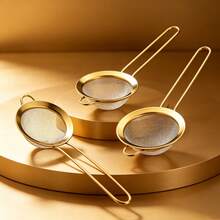 1pc/3pcs Stainless Steel Strainer - Non-Slip, Easy To Clean Metal Stove Cookware Rack. Durable Oil Filter Spoon, Suitable For Soup Ladle, Spatula And Dumplings. Rust-Proof Kitchen Storage Rack (Space-Saving) - Gold - View 1