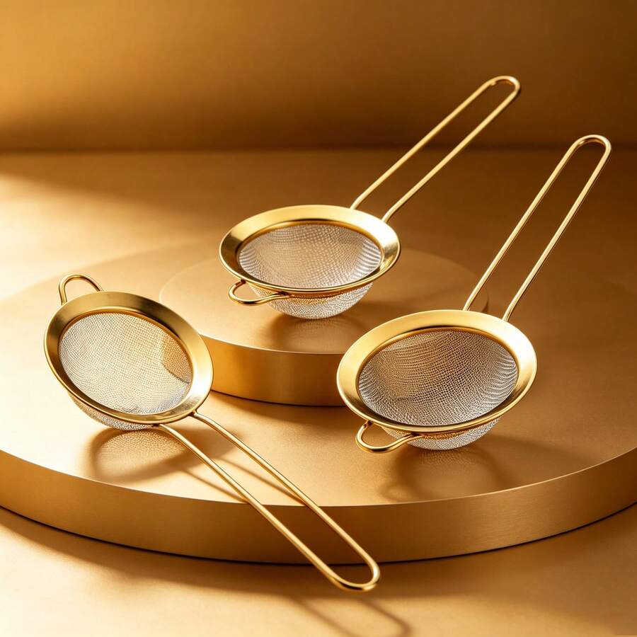1pc/3pcs Stainless Steel Strainer - Non-Slip, Easy To Clean Metal Stove Cookware Rack. Durable Oil Filter Spoon, Suitable For Soup Ladle, Spatula And Dumplings. Rust-Proof Kitchen Storage Rack (Space-Saving) - Gold - View 1