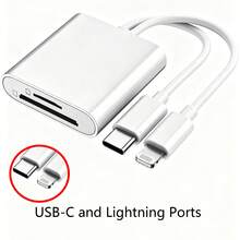 2合1 SD/TF 讀卡機，USB-C + Lightning 雙介面，高速傳輸，便攜式相機轉接器，相容 iPhone，支持美/歐/英/澳標準 - 白色 - 查看 1