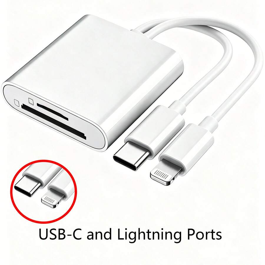 2合1 SD/TF 讀卡機,USB-C + Lightning 雙介面,高速傳輸,便攜式相機轉接器,相容 iPhone,支持美/歐/英/澳標準 - 白色 - 查看 1