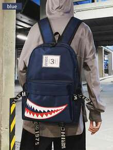 1pc Unisex Street Style New Korean Version Creative Shark Design Fashion Campus Backpack For High School And College Students, Casual School Bag (Random Webbing Print And Letter, Random Left/Right Pull Tab Direction) - Multicolor - View 8