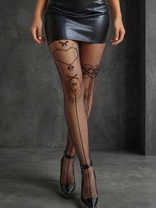 1 Pair Women's Black Heart Fishnet Stockings, Breathable Sexy Sheer Mesh Socks, Summer Concert Outfit, Holiday Party Cosplay Gift - Multicolor - View 1