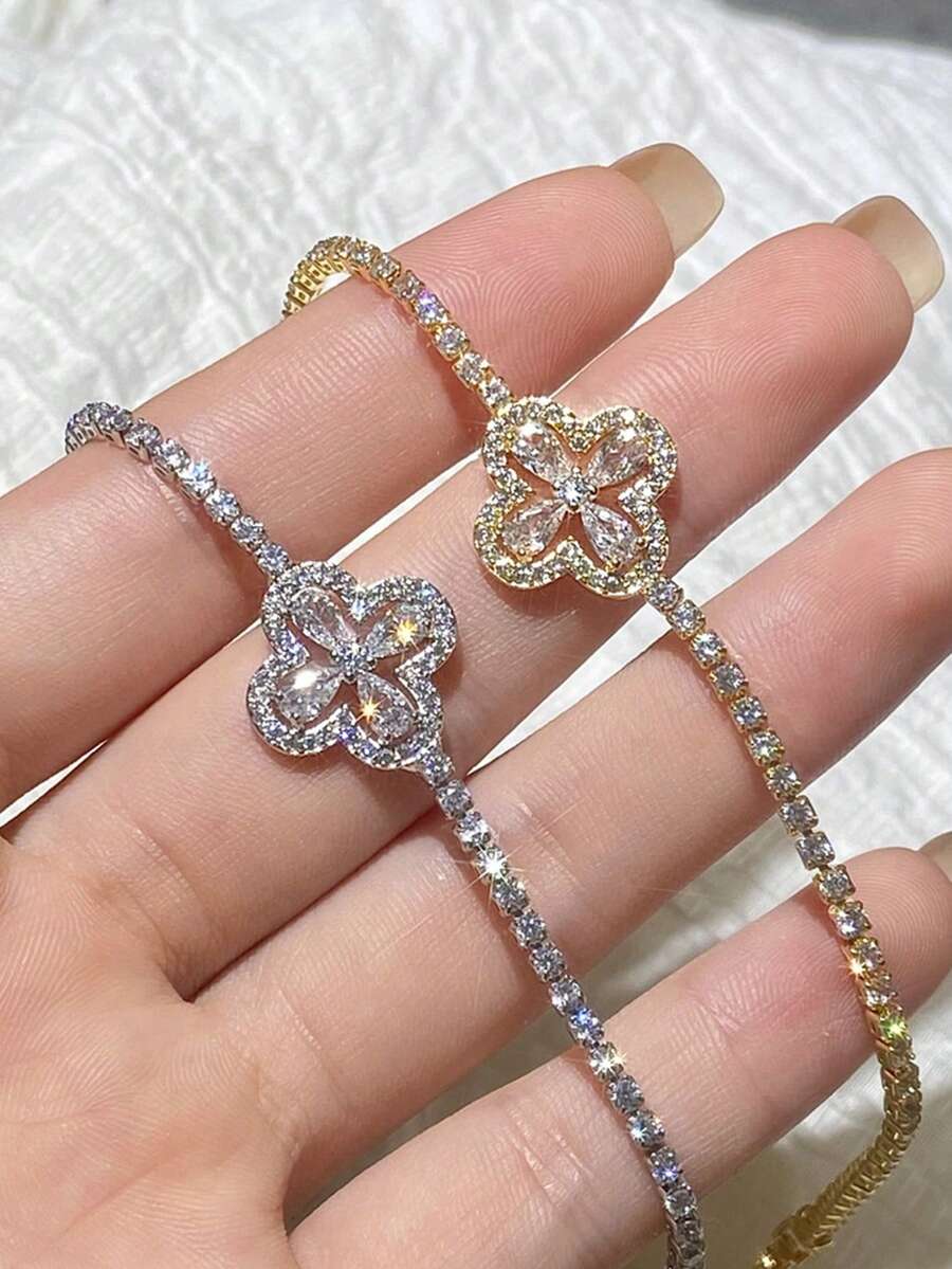 1件超閃亮全水鑽四葉草手鍊，女款奢華高端小眾精緻手飾 - 彩色 - 查看 1