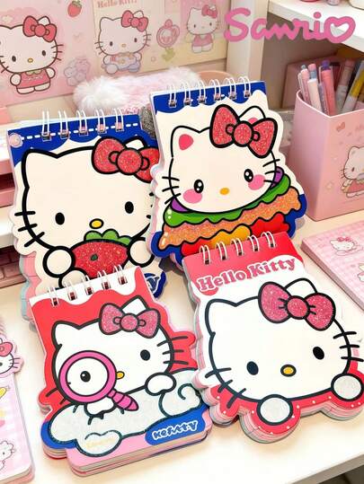 Sanrio 貓咪造型亮面蝴蝶結螺旋筆記本，封面附撕頁，Kitty、My Melody、Pudding Dog、Kuromi、Pochacco、Buneary 等隨機角色款式，適合辦公、學習、計畫本、日記、送禮、工作記錄，隨機螺旋顏色封面設計，裝訂式，書寫順暢，日記筆記本，辦公專業人士必備，女性禮物