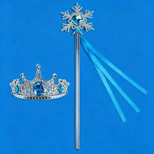 2pcs Blue Rhinestone Crown & Magic Wand Set, Includes 1 Fairy Wand And 1 Crown, Silver Snowflake Scepter With Ribbon Decoration, Party Ball Cosplay Costume Accessories, Stage Performance Photo Props, Birthday Party Dress-Up Accessories, Dreamy Princess Style,Halloween - Blue - View 2