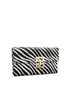 Animal Print Multi-Compartment Twist Lock Flap Clutch Straw Woven Bag For Vacation - Black and White - View 3