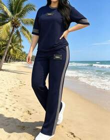 Women's Casual Fashion Outdoor Sports Suit, Crew Neck Short-Sleeve And Long Pants Two-Piece Set, Women's Running Sportswear Women's 2 Piece Outfits, - Dark Blue - View 3