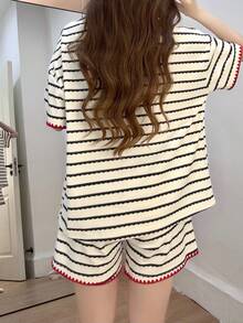 2pcs/Set Piyama Wanita, Motif Garis-garis Modis, Pola Lucu, Pullover Lengan Pendek Romantis, Pakaian Musim Semi/Panas, Kain Mudah Perawatan - Aprikot - View 3