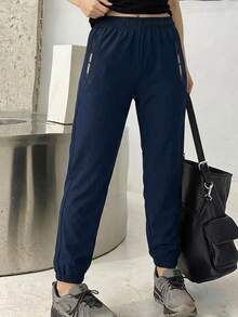 1pc Casual Solid Color Sports Outdoor Pants For Girls, Spring/Autumn - Blue - View 7