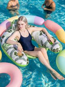 1pc Inflatable Pool Chair Float, Adult Swimming Pool Lounger With Backrest & Cup Holder, Tropical Leaf Print Water Float Seat For Summer Beach, Lake, Pool Party, Relaxing Water Lounge Toy For Adults - Multicolor - View 4