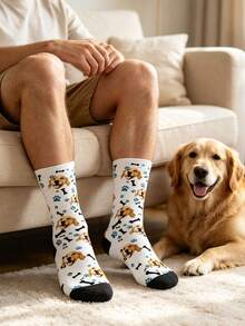 Kaos Kaki Unisex, Badan Putih dengan Ujung Jari Kaki Hitam, Dicetak dengan Jejak Kaki Biru dan Pola Tulang Hitam, Mendukung Pencetakan Foto Wajah Hewan Peliharaan Kustom - MultiWarna - View 2