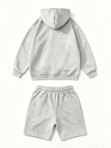 2pcs Men's Casual Hooded Sweatshirt Set, Fitness Suit, Shorts Set, Unisex, Suitable For Daily Wear & Home, 2 Piece Set, Couples, Embroidered - Light Grey - View 4