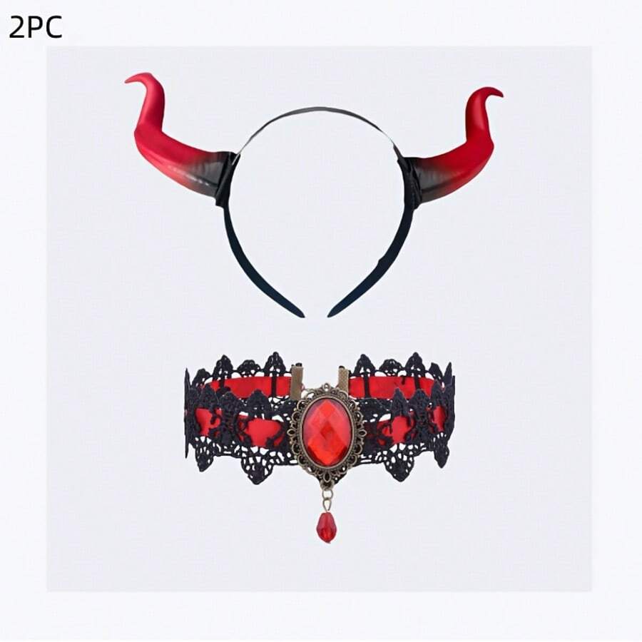 Bộ phụ kiện hóa trang ác quỷ 2 món, băng đô sừng ác quỷ chuyển màu đỏ-đen + vòng cổ ren Gothic đính đá đỏ, bộ nhập vai fantasy tối cho người lớn, phù hợp cho Halloween, tiệc Gothic và sự kiện theo chủ đề - Nhiều màu - Xem 1