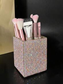 1pc Rhinestone Decorated Square Makeup Brush Holder, Large Capacity, Colorful Rhinestone Inlaid Surface, Luxurious Sparkling Style, Full Rhinestone Pattern, Square Column Shape, Neat Edge Details, Makeup Tool Container, Suitable For Bedroom Vanity, Makeup Room Tabletop And Other Scenes - Multicolor - View 7