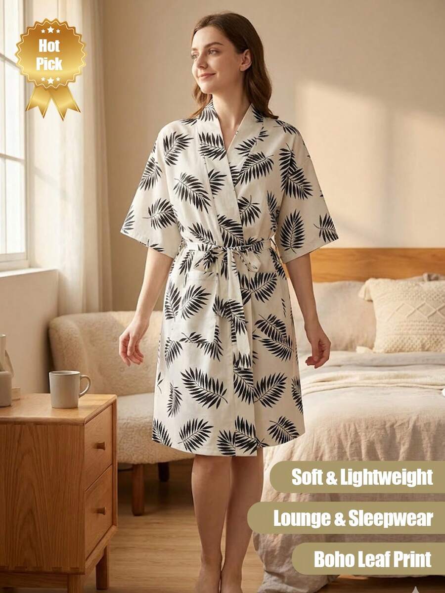 Robe de chambre style kimono pour femmes avec imprimé feuille de fougère, peignoir léger en mélange de coton col en V, manches 3/4, ceinture à nouer, poche, vêtement de nuit, tenue d'intérieur douce et respirante, convient pour la mariée, le spa, le sommeil quotidien à la maison, robe de chambre décontractée pour femmes