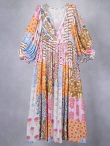 女款波希米亞風花卉拼接長洋裝，V領綁帶肩帶、燈籠袖、附口袋，休閒夏季度假陽光洋裝，優雅風格 - 彩色 - 查看 6