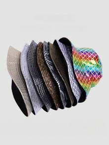 1 Peça Chapéu Balde Reversível Iridescente Brilhante com Escamas de Sereia, Chapéu de Proteção Solar Colorido da Moda para Festa, Apresentação e Palco para Homens e Mulheres - Multicolorido - Visão 2