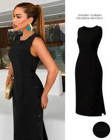 Women's Midi Dress Elegant Casual Buttons Front Simple Button - 黑色 - 查看 1