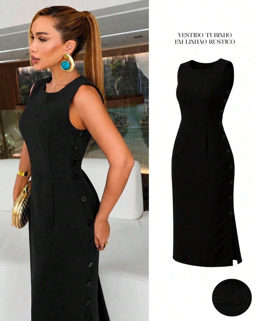 Women's Midi Dress Elegant Casual Buttons Front Simple Button - 黑色 - 查看 1