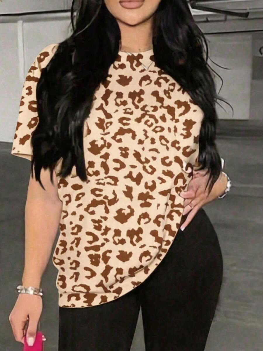 Nueva camiseta casual de mujer con cuello redondo y estampado de leopardo - Multicolor 2 - Ver 1