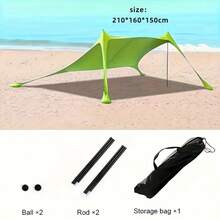 Green Family Beach Sun Shelter Tent With Support Stability Poles, Outdoor Sun Protection Canopy, Portable Shade Pavilion, Suitable For Beach Camping Picnic Backyard Party Garden Use - 1pc - View 8