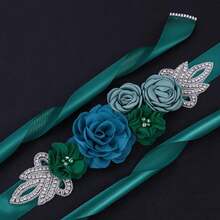 1pc Romantic Fabric Floral Handmade Rhinestone Bridal Waist Belt Wedding Dress Decor Maternity Photography Accessory - Green - View 3