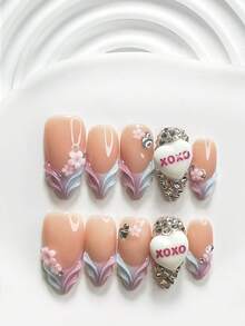 10pcs Dreamy Girl Style Handmade Press-On Nails, Polygel Nail Set, Ditsy Floral, 3D White Heart, Pink And Blue Nail Polish, Sweet Style, Includes Nail Tools, 3 Sizes Available, Square, Short Square, Almond Shape, Suitable For Party, Dancing, Daily Wear - 彩色 - 查看 18