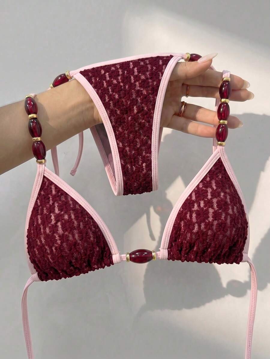 Set Bikini Tanpa Lengan Wanita Model Halter dengan Tekstur Renda dan Manik-manik, Bagian Bawah Renang dengan Tali Samping, Cocok untuk Liburan Pantai Musim Panas - MultiWarna - View 1