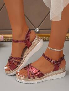 Sandalias de cuña y plataforma para mujer, unicolor, para playa y vacaciones, con hebilla, punta abierta, cómodas y de aumento de altura, nuevo estilo de verano - Burdeos - Ver 4
