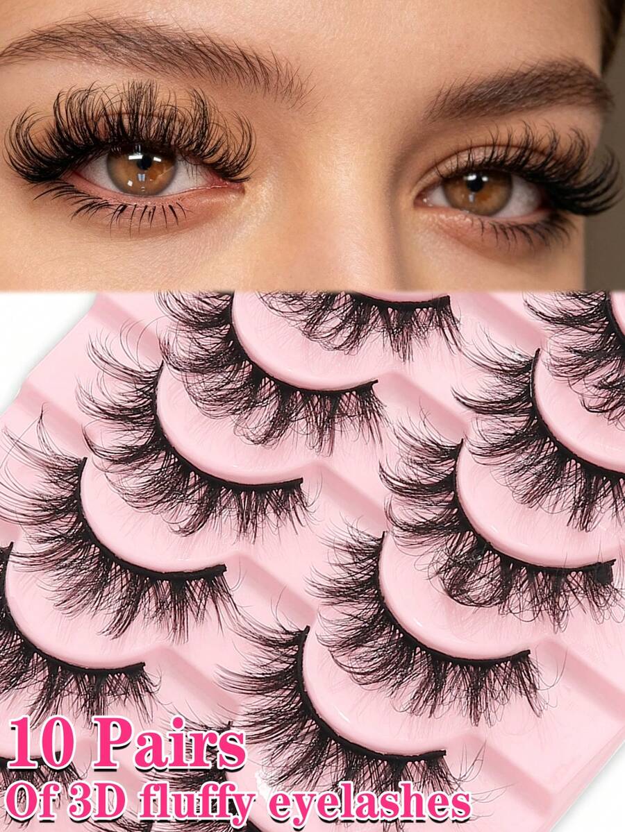 10 Pairs Black Stem False Eyelashes D Curl 3D Fluffy Style, Suitable For Daily, Party Makeup, Natural Style Eyelash Strips - Natural Lashes - View 1