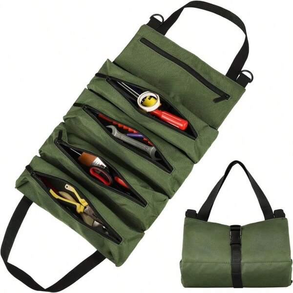 Bolsa de almacenamiento de herramientas duradera, ideal para electricistas y mecánicos: cuenta con un diseño enrollable, múltiples compartimentos, tela resistente a la abrasión y cierre de cremallera para una fácil organización de herramientas manuales y artículos pequeños.