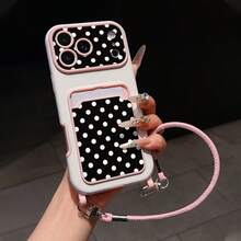 Minimalist Retro Black And White Polka Dot Pattern Litchi Texture Shockproof Phone Case Protective Cover, Compatible With Apple 11, 12, 13, 14, 12PROMAX, 13PROMAX, 15, 15PRO, 15PLUS, 15PROMAX, 16, 16Pro, 16Plus, 16Promax, 17, 17Pro, 17AIR, 17Promax And Other Phone Models, Great Choice For Couples And Holiday Gifts - Pink - View 1