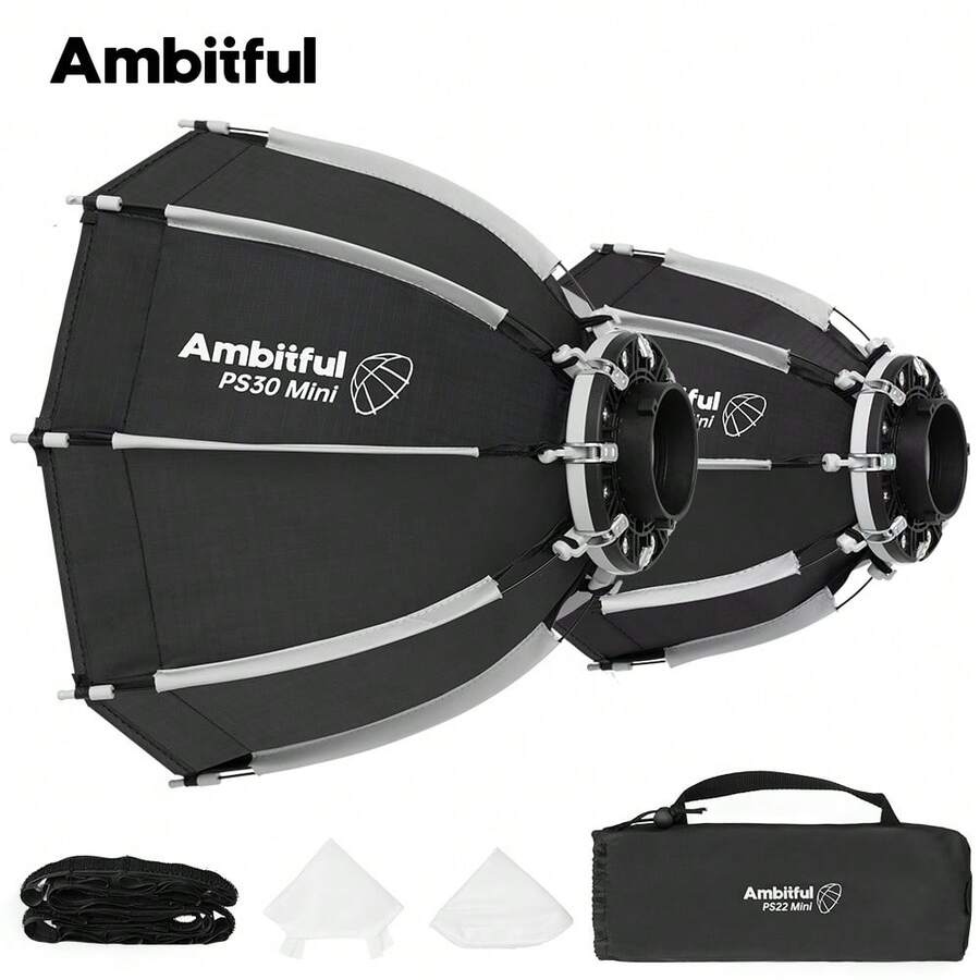AMBITFUL PS22/30 Mini 柔光箱，22/30cm 快拆式便攜柔光箱，附 Bowens 接環、擴散罩與收納袋，適用攝影 LED 攝影燈工作室照明