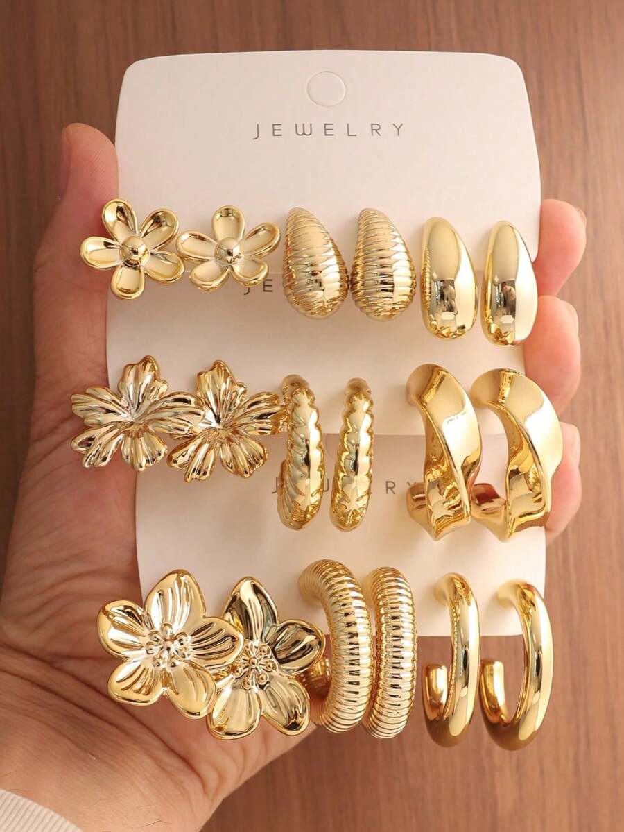 6/18PCS Women's Gold Flower, Water Drop, C-Shape, Asymmetrical Shape Stud Earrings Set, Personalized Fashion Vintage Niche Style, Suitable For Gifts, Music Festivals, Parties, Vacation, Travel, Daily Commute - Multicolor - View 1