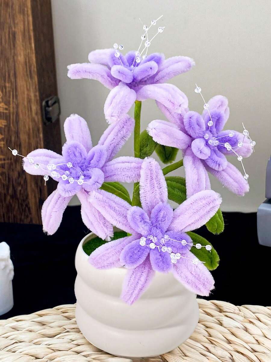 1PC Charming Purple Crystal Like Artificial Flower Potted Plant Faux Flower Festival Bouquet Gift Wedding Party Home Office Desktop Decor Ornament