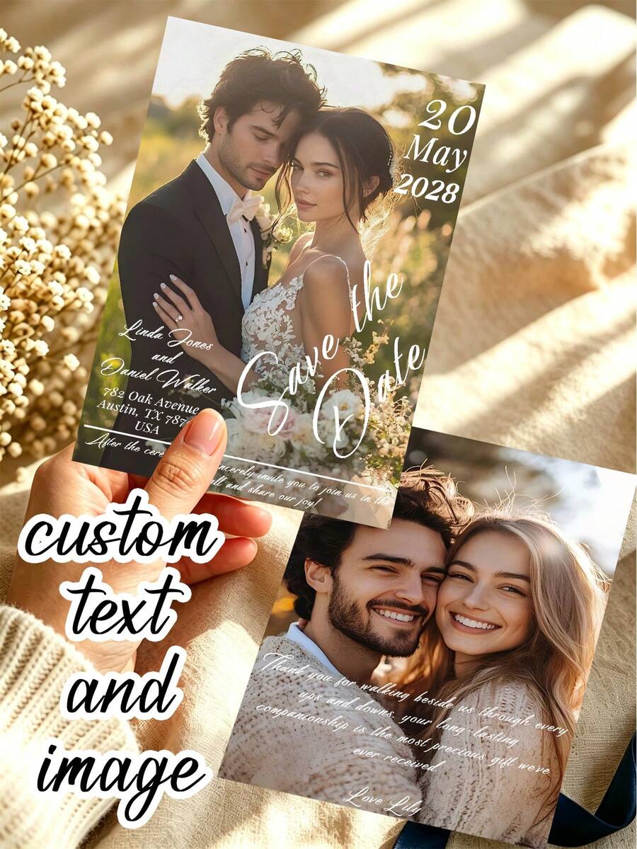 Customized Photo & Text Wedding Date Card, Personalized Thank You Card, Suitable For Family And Friends, Customizable Wedding Photo Invitation, Ideal For Mother's Day, Father's Day, Anniversary, Bridal Shower, Wedding And Baby Shower Gifts - Customized Greeting Cards - View 1