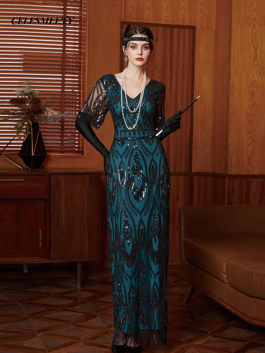1920s Vintage Flapper Women's Party Maxi Dress, Deep Olive Green Ball Gown, Suitable For Parties, Weddings, Christmas, Halloween - Green - View 1