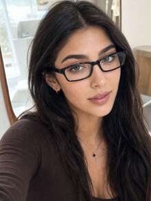 Rectangular Black Frame Clear Lens Glasses, Narrow Frame Office Siren Style Non Prescription Eyeglasses, No Makeup Look Fashion Decorative Eyewear - Clear - View 2