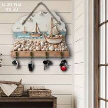 2D Flat, 1pc, 2D Flat "Sailboat Shell Beach Pattern" Wooden Multi-Functional Home Key Hook (11.8"X9"), With 4 Metal Hooks, Wall Decor, Porch, Room, Villa Decor, Kitchen Tool Hook, All Season Home Decor, 2D Flat, Suitable For 11 Holidays Including Christmas Holiday Decor - Multicolor - View 7