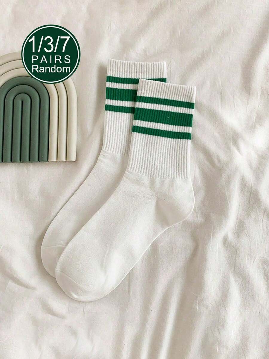 1/3/7 Paar atmungsaktive, feuchtigkeitsableitende, hoch-elastische gerippte gestreifte Wadenwärmer, Unisex, geeignet für tägliches Tragen, Sport, Laufen, Fitness, Basketball, Skateboarden, Tennis, Schuluniform, lässige Straßenmode, Retro-Stil, weiß und grün, Wadenwärmer-Set, ganzjährig, bequemer weicher Stoff, nahtlos und langanhaltend, klassisches Unterwäsche- und Schuhzubehör - mehrfarbig - Übersicht 1